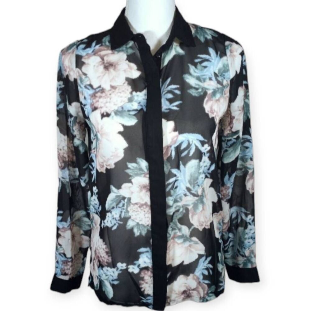 ATMOSPHERE SHEER BLACK, PINK, & BLUE FLORAL BUTTON DOWN BLOUSE SZ.US6 EUC.